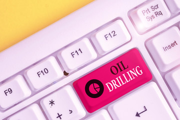 Poster - Text sign showing Oil Drilling. Business photo showcasing involves the drilling and pumping of oil from underground wells White pc keyboard with empty note paper above white background key copy space