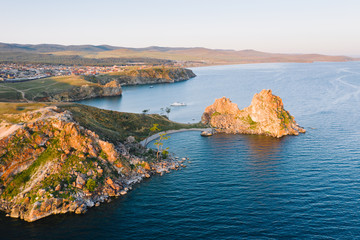 Canvas Print - Aerial view of Cape Burhan and Shamanka Rock near the village of Khuzhir at Olkhon Island, Russia. Beautiful natural environment of Baikal Lake on a sunny summer morning