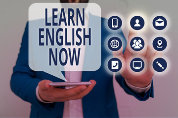 Poster - Conceptual hand writing showing Learn English Now. Concept meaning gain or acquire knowledge and skill of english language