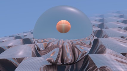  rendu 3D d'un paysage abstrait comportant une sphère.