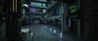 Street of a futuristic city. Photorealistic 3D illustration. Night scene with neon lighting. Dark urban landscape. Cityscape in the style of cyberpunk.