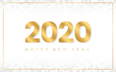 Wall Mural - 2020 Happy New Year banner. Luxury gold numbers on white background. Xmas template with frame for flyer, poster, brochure. Minimal Merry Christmas design. Vector illustration