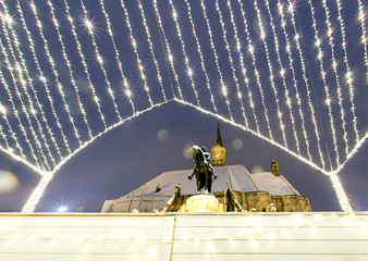 Poster - cluj-napoca city center with King Matthias statue and Saint Michael church and Christmas lights, Romania