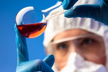 Poster - Examination of the substance found at the crime scene. Criminalistics. Forensics in the lab. Study of the chemical composition of the liquid. The exploration of the unknown poisonous substances.