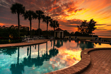 Swimming Pool and Palm trees resort at sunset