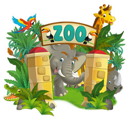 Wall Mural - Cartoon zoo scene near the entrance with different animals - amusement park - illustration for children