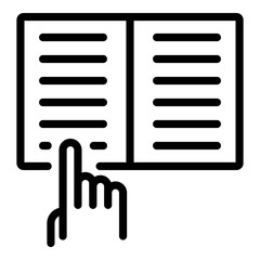 Poster - Book and finger icon. Outline book and finger vector icon for web design isolated on white background