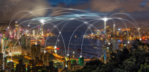 Photographie Technology Connection line between Panorama Hong Kong Cityscape skyscraper at tw