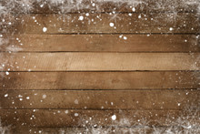 Christmas Background - Old Wood Plank Texture With Snow Frame. Vintage And Rustic Style