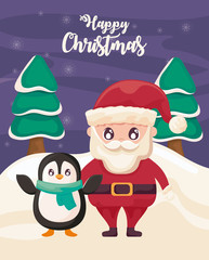 Sticker - happy christmas label with santa claus and penguin