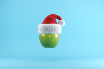 Poster - green apple with santa hat floating on blue background , christmas fruit concept ideas, 3d illustrat