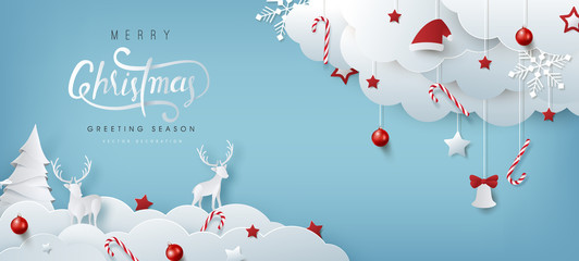 Wall Mural - winter christmas composition in paper cut style.merry christmas text calligraphic lettering vector i
