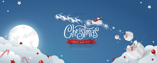 winter christmas composition in paper cut style.merry christmas text calligraphic lettering and sant