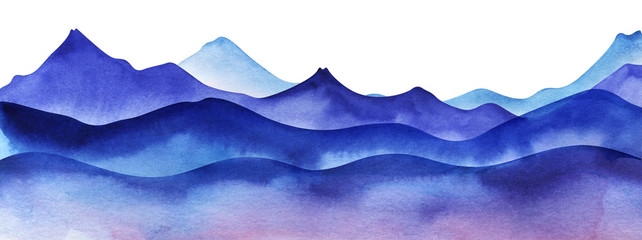 silhouette of watercolor mountains. layered light, violet and bright blue mountain ranges. decorativ