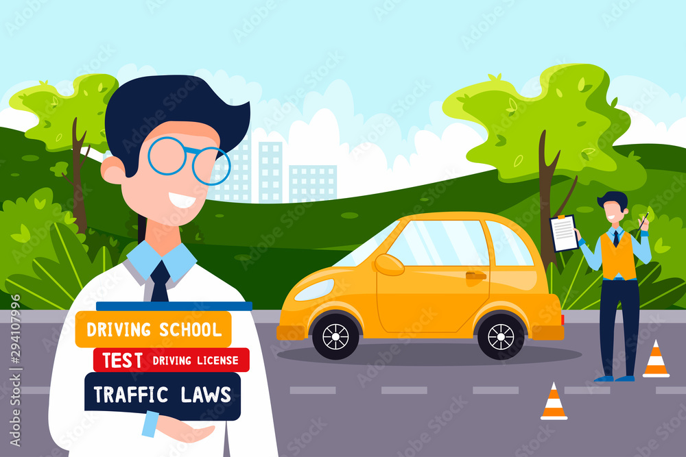 A driving instructor teaches a happy man who holds driving textbooks ...