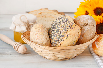 Sticker - Buns and breads on breakfast table.