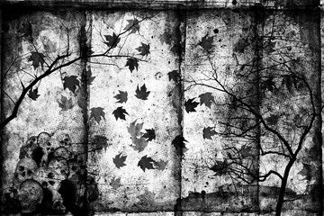 Wall Mural - Spooky forest with dead trees, flying folliage, human skulls. Day of the Dead (Dia de los Muertes) holiday. Halloween party.  Gothic style
