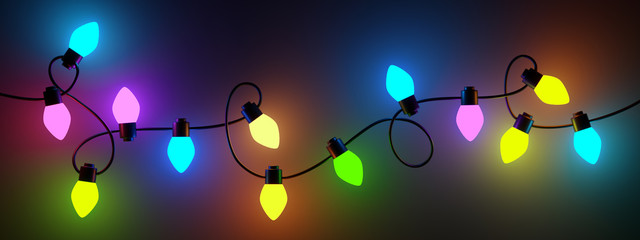 Wall Mural - glowing colorful christmas lights on black background. 3 d render.