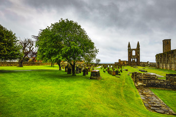 Ancient Scottish medieval buildings and beautiful landscape of traditional nature.