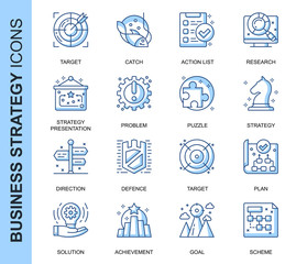 Thin Line Business Strategy Related Vector Icons Set for Website and Mobile Site and Apps. Outline icons design. Contains such Icons as Action List, Research, Solution and more. Linear Pictogram Pack.