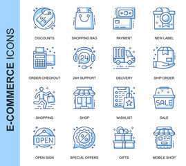 Poster - Thin Line E-Commerce Related Vector Icons Set for Website and Mobile Site and Apps. Outline icons design. Contains such Icons as Discounts, Mobile Shop, Sale, Shopping and more. Linear Pictogram Pack.