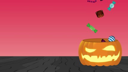 Poster - halloween pumpkin with zombie hand and sweet candies