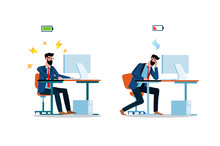 Flat Modern Vector Illustration Design Of Two Variants Of A Worker Working At A Computer With Full Energy And Tired Isolated On White Background. Business Concept Of Workload And Energy Balance