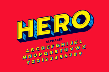 Comics style font design, super hero alphabet, letters and numbers