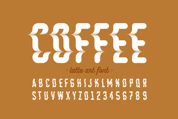 Latte art style font design, milk coffee foam art alphabet, letters and numbers