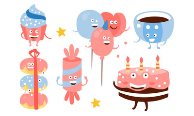 Sticker - Set of pink and blue humanized attributes for a birthday. Vector illustration.