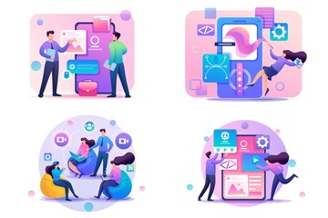 Poster - Set Flat 2D concepts online conference, Using mobile app, APP Design, Graphic Design. For Concept for web design