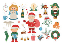 Vector Set Of Christmas Elements With Santa Claus In Red Hat With Sack, Angel, Nutcracker, Elf Isolated On White Background. Cute Funny Flat Style Illustration For Decorations Or New Year Design..