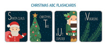 Colorful Alphabet Letters S, T, U, V. Phonics Flashcard. Cute Christmas Themed ABC Cards For Teaching Reading With Funny Santa Claus, Christmas Tree, Nutcracker, Evergreens.