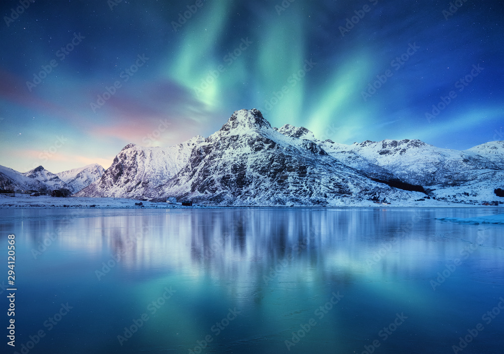 Aurora Borealis, Lofoten islands, Norway. Nothen light, mountains and frozen ocean. Winter landscape at the night time. Norway travel - image - obrazy, fototapety, plakaty 