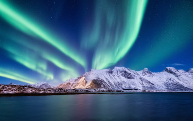 Wall Mural - aurora borealis, lofoten islands, norway. nothen light, mountains and ocean. winter landscape at the