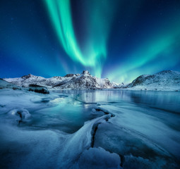 aurora borealis, lofoten islands, norway. nothen light, mountains and frozen ocean. winter landscape