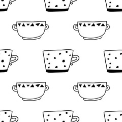 Black and white illustration of tea or coffee mugs. Seamless pattern for coloring book, page.