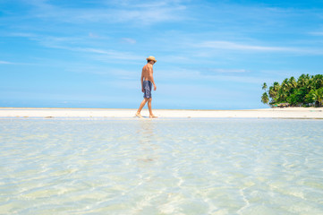 Wall Mural - A tourist wearing a straw sun hat walking along a sand bar above the calm shallow waters of a sunny palm-lined tropical island beach 