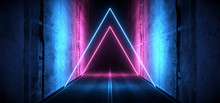 Sci Fi Futuristic Asphalt Cement Road Double Lined Concrete Walls Underground Dark Night Car Show Neon Laser Triangles Glowing Purple Blue Arc Virtual Stage Showroom 3D Rendering