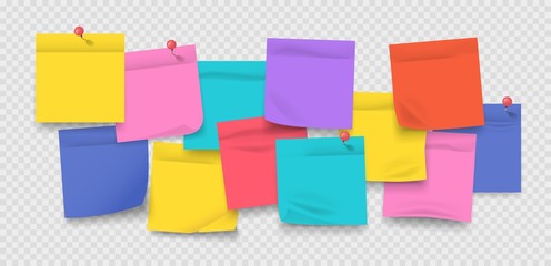 Poster - Sticky notes. Colored stickers with pins, realistic notebook sheets and memo isolated on transparent background. Vector set wall board sticker post for professional organizing office