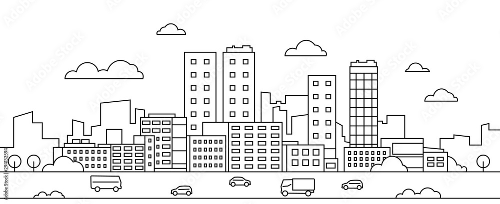Line city landscape. Urban cityscape with skyscrapers, buildings, street, park and cars, modern linear background. Vector illustration sketch art silhouette downtown with graphic scene environment - obrazy, fototapety, plakaty 