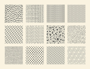Aufkleber - Hand drawn textures. Seamless ink brush repeat patterns with dots strokes grunge and doodle elements. Vector abstract ethnic sketch background set with stripes spots waves