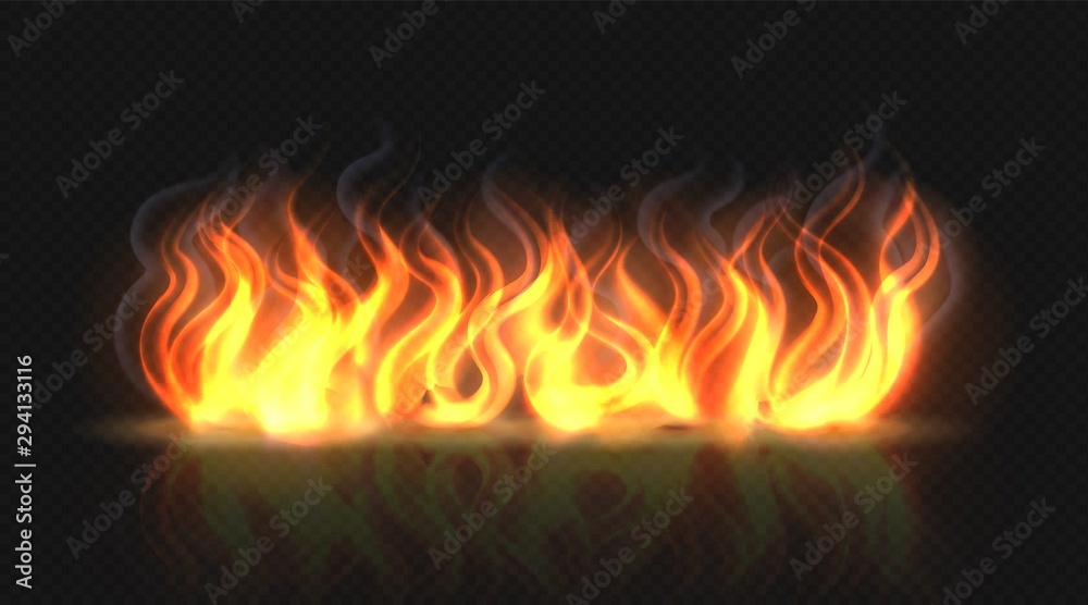 Fire flame effect with smoke. Horizontal reflection smoke and sparks. Realistic burning fire flame. Hot orange light effect on black transparent background. Vector illustration dangerous collection - obrazy, fototapety, plakaty 