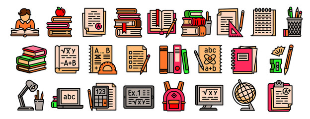 Poster - Homework icons set. Outline set of homework vector icons for web design isolated on white background