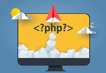 PHP Programming Language. Paper Plane Or Rocket Launch From Pc Monitor With Php Tag