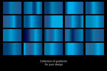 Collection of blue gradient backgrounds. Set of blue metallic textures. Vector illustration