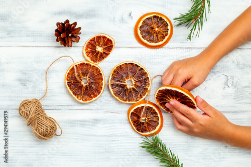 Christmas Decorations Hands Doing Christmas Garland Crafts Dried
