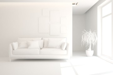 Mock up of stylish room in white color with sofa. Scandinavian interior design. 3D illustration