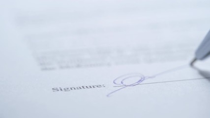Poster - Businessman signing business contract agreement, Close-up of male hand with pen writing signature on business form