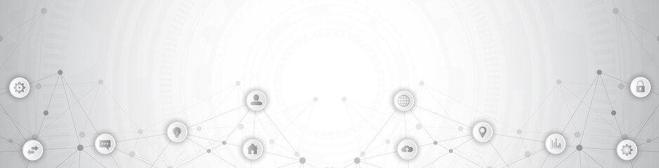 Website header or banner design with abstract technical background and connecting dots and lines. Digital technology and communication concept with flat icons.